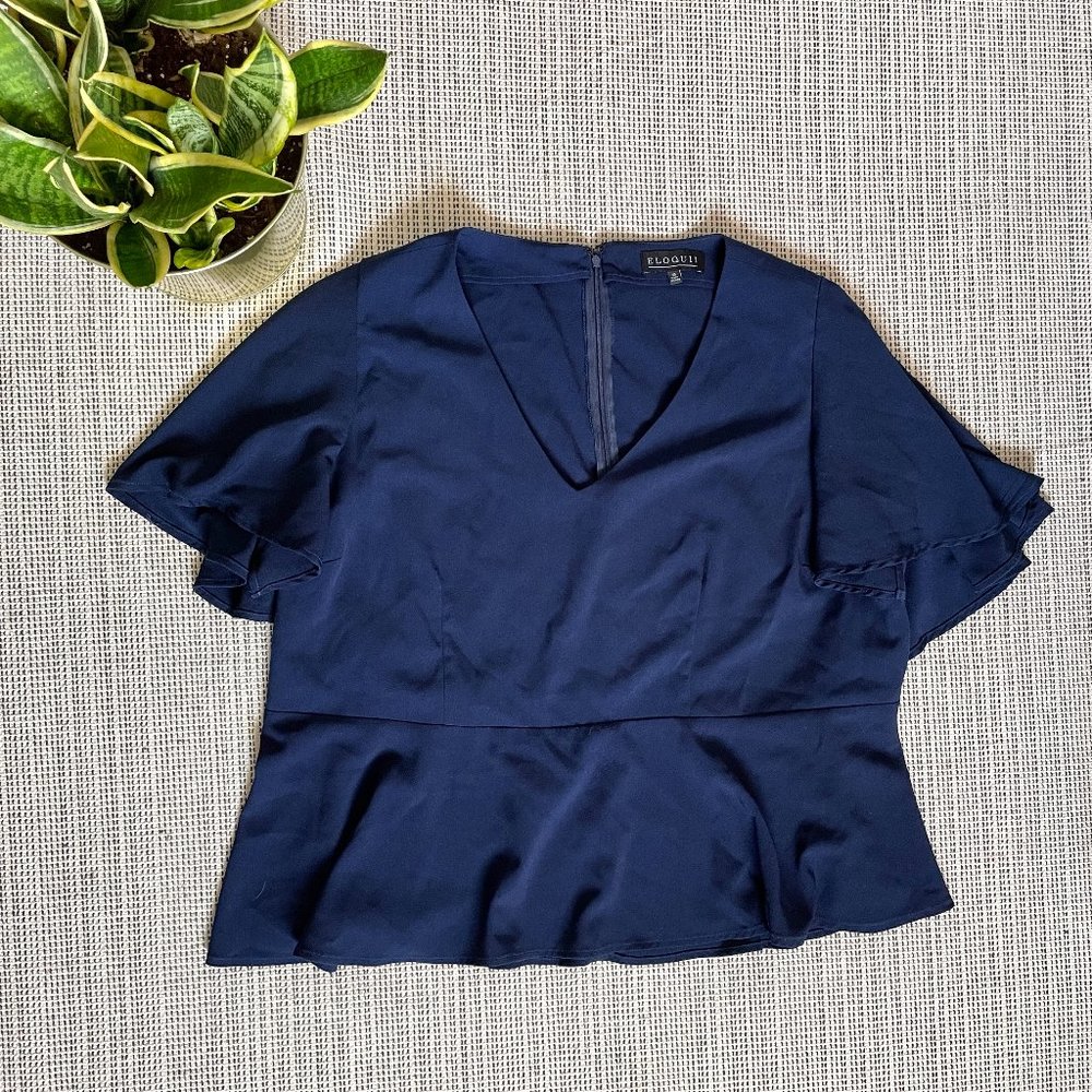 Eloquii Navy Blue V-Neck Flutter Sleeve Blouse